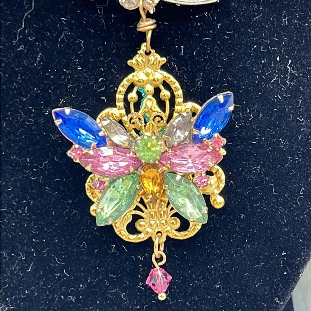 Adorned Crown Jewelry Assemblage rhinestone butterfly gold filigree necklace