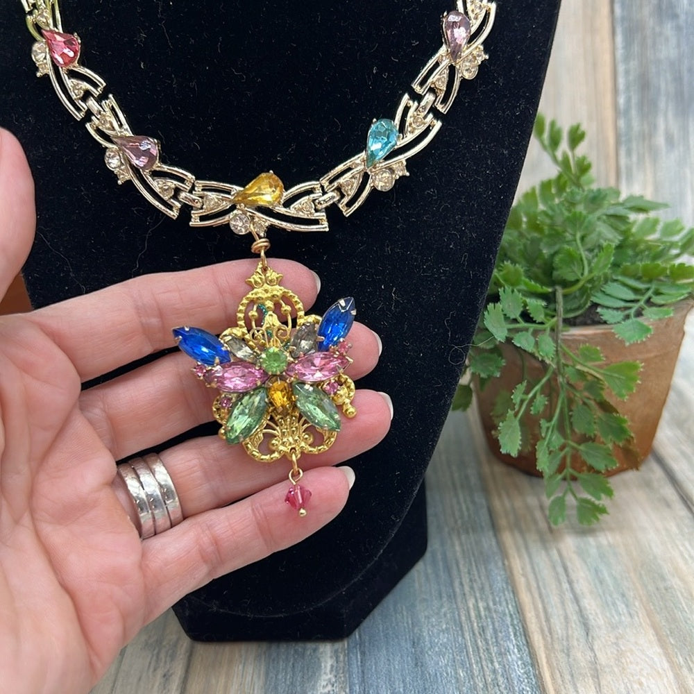 Adorned Crown Jewelry Assemblage rhinestone butterfly gold filigree necklace