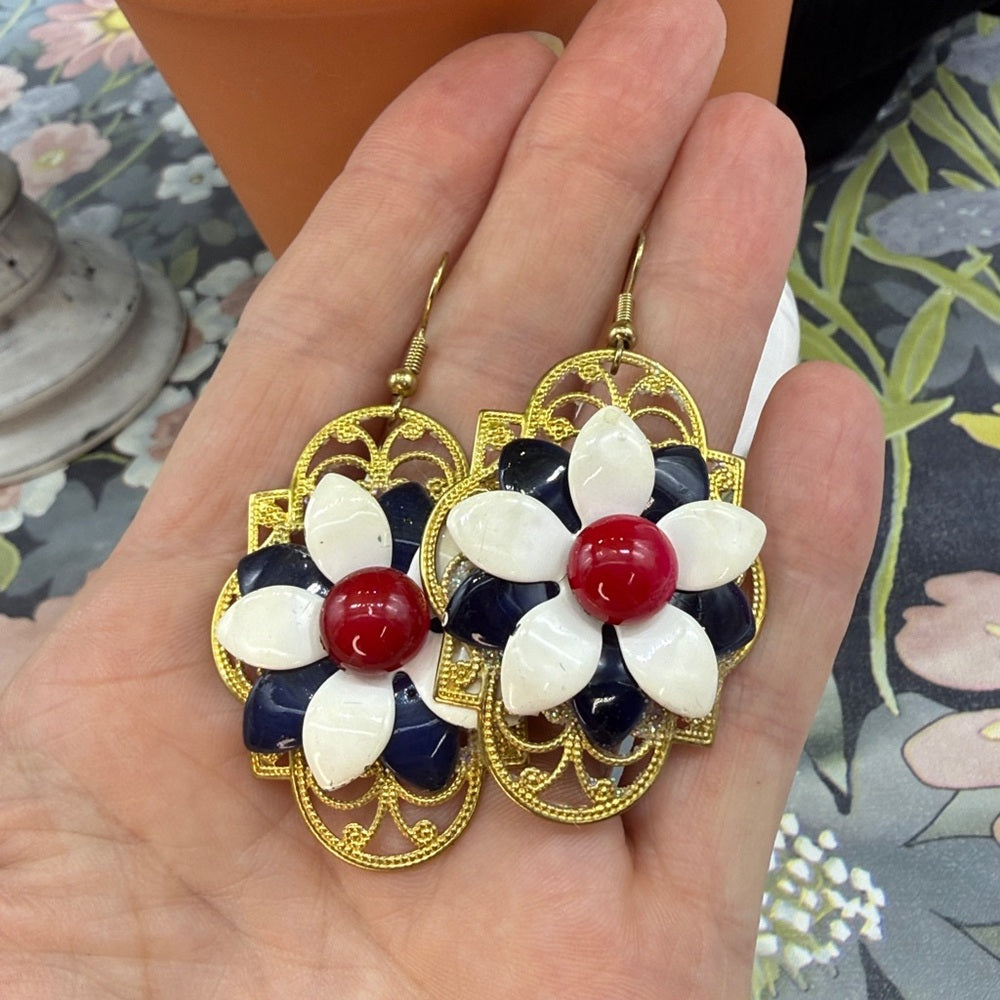 Adorned Crown Jewelry july 4th red white blue flower earrings