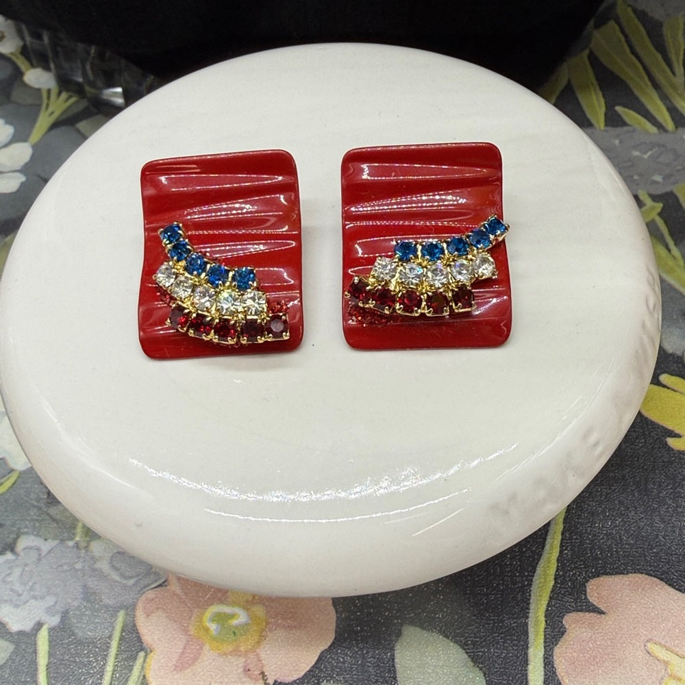 Adorned Crown Jewelry july 4th red white blue enamel rhinestone post earrings