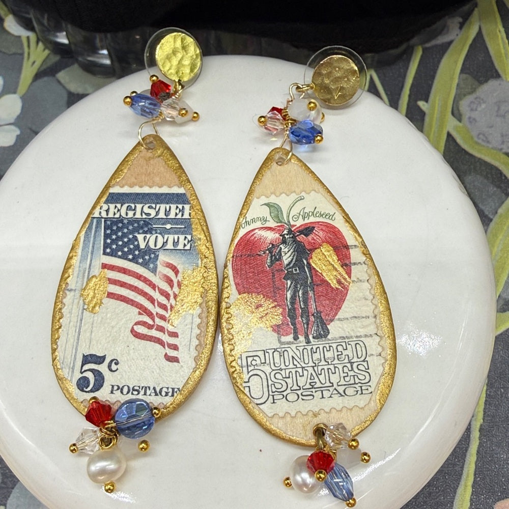 Adorned Crown Jewelry assemblage vintage stamps America USA patriotic earrings