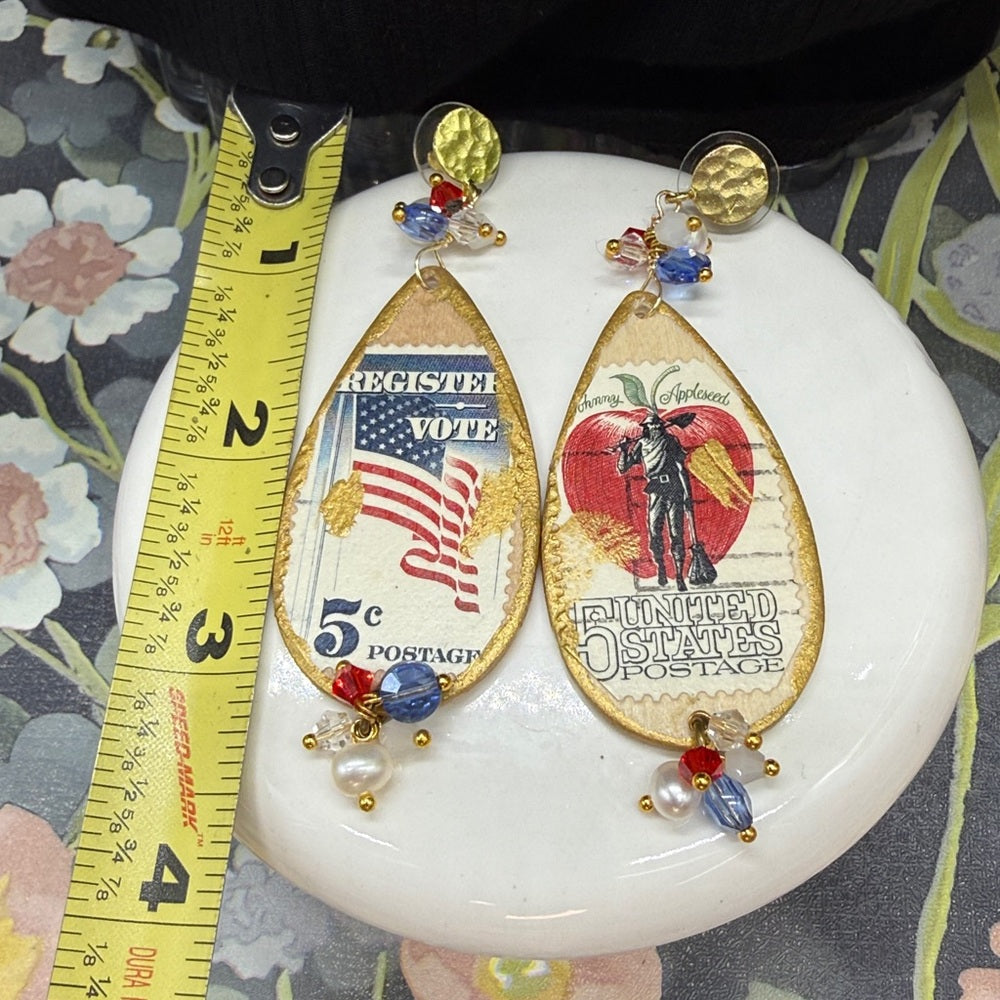 Adorned Crown Jewelry assemblage vintage stamps America USA patriotic earrings