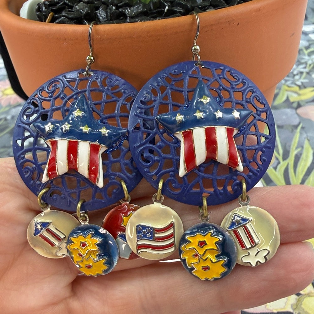 Adorned Crown Jewelry assemblage fireworks July 4 patriotic earrings