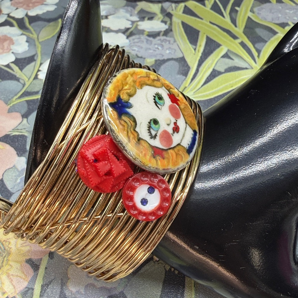 Adorned Crown Jewelry assemblage ceramic button patriotic girl cuff bracelet
