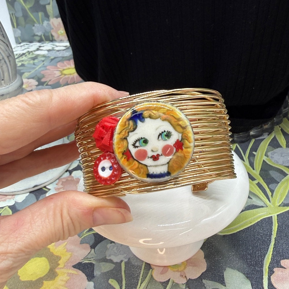Adorned Crown Jewelry assemblage ceramic button patriotic girl cuff bracelet