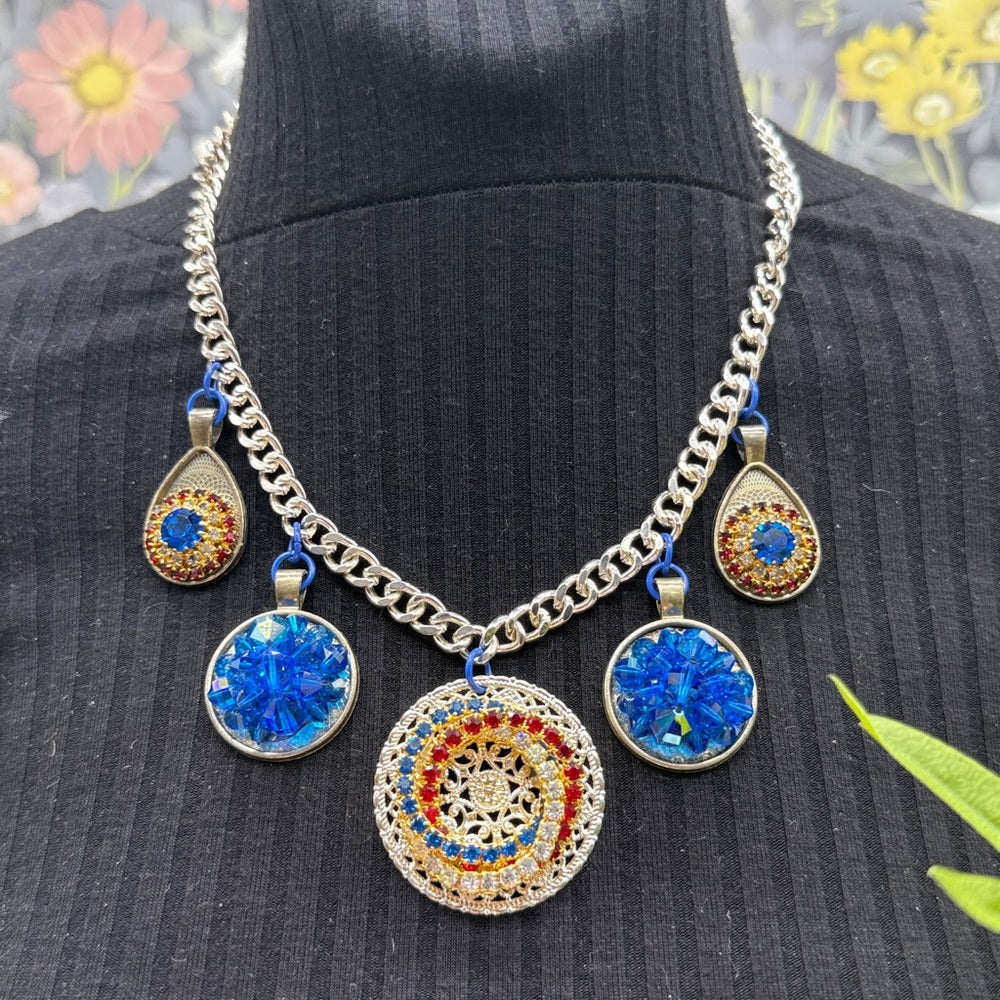 Adorned Crown Jewelry red white blue rhinestone drops necklace