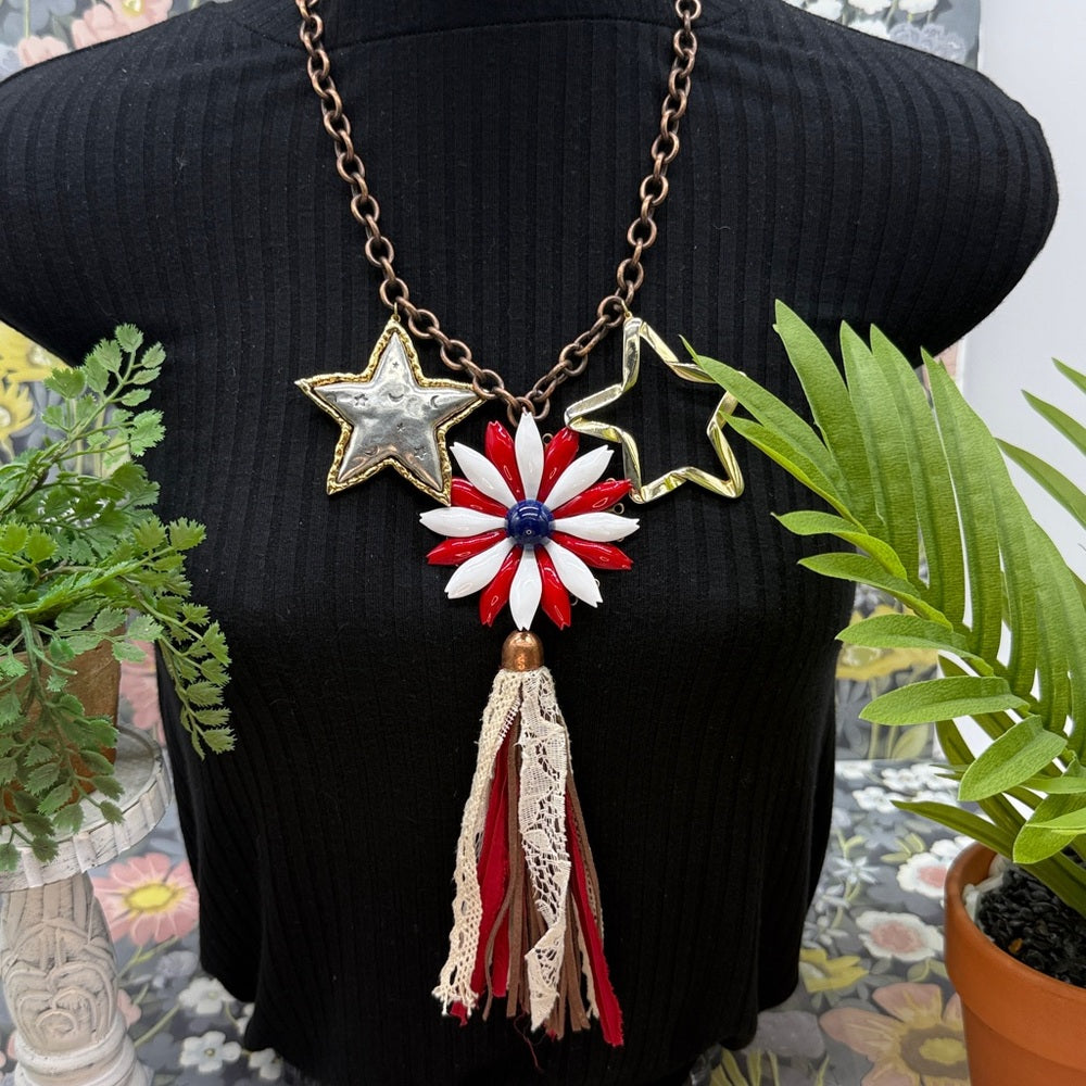 Adorned Crown Jewelry Stars and Stripes forever enamel heart tassel necklace