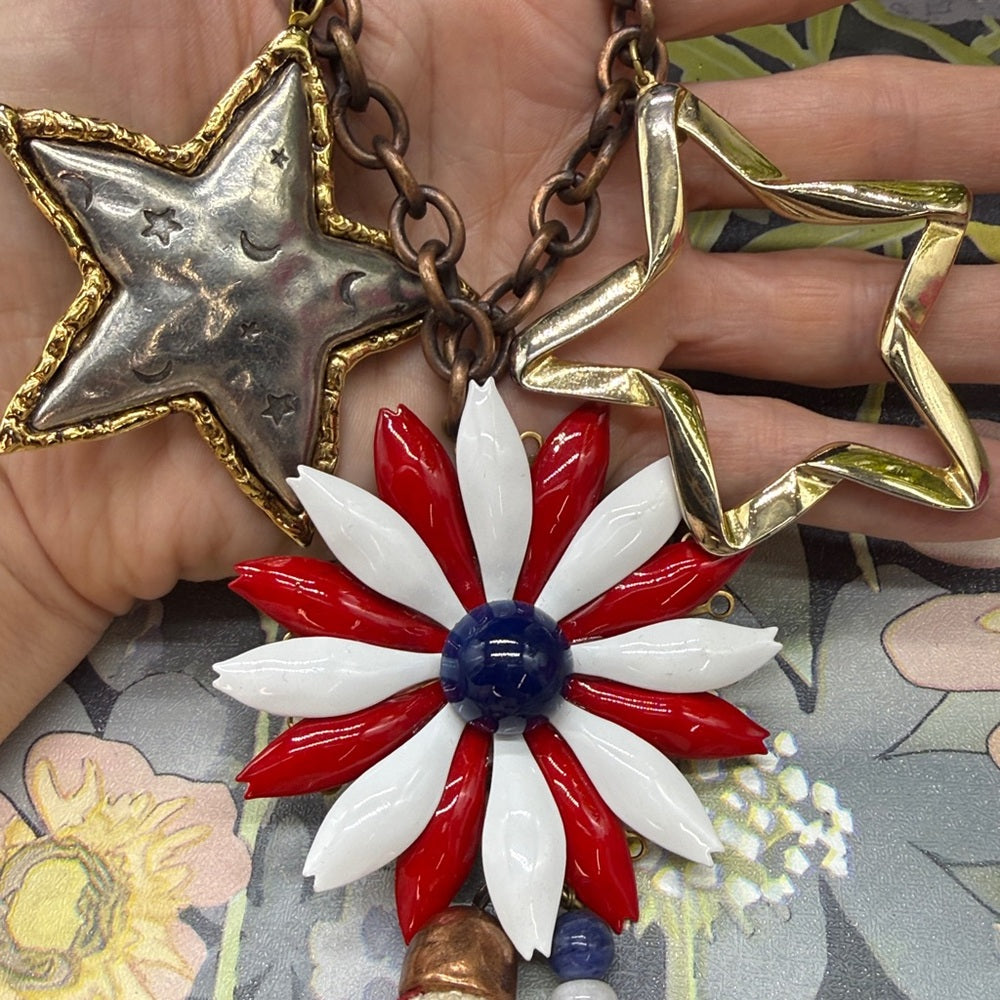 Adorned Crown Jewelry Stars and Stripes forever enamel heart tassel necklace