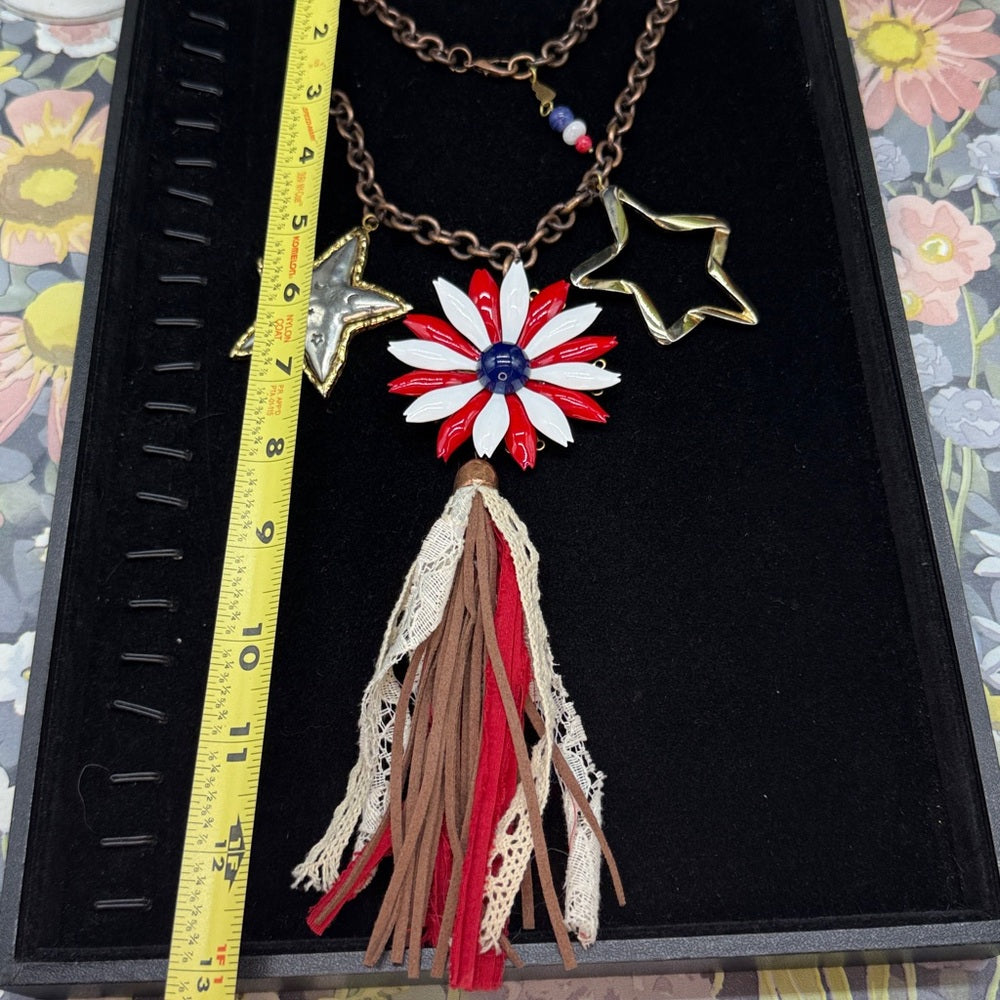 Adorned Crown Jewelry Stars and Stripes forever enamel heart tassel necklace