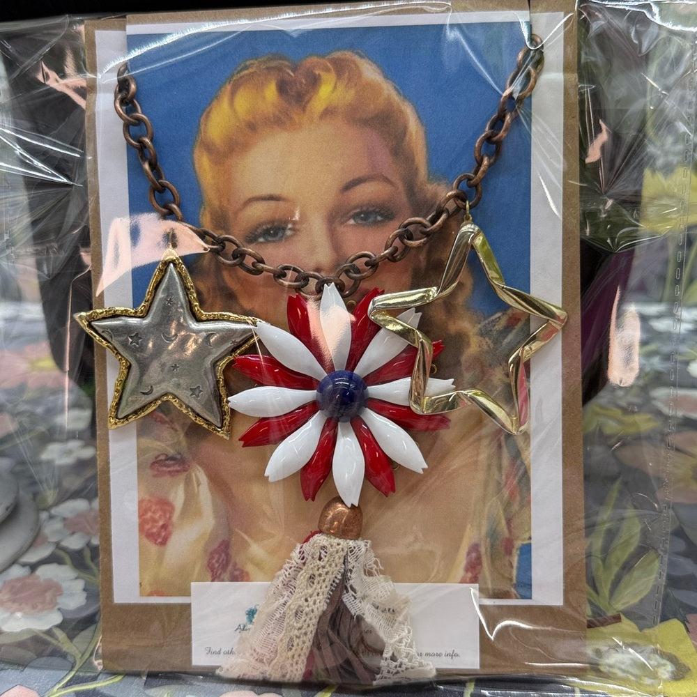 Adorned Crown Jewelry Stars and Stripes forever enamel heart tassel necklace