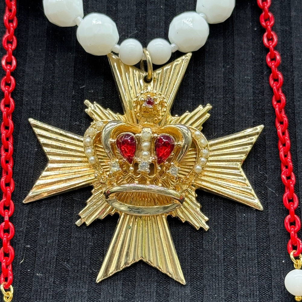 Adorned Crown Jewelry assemblage Maltese cross crown red rhinestone necklace