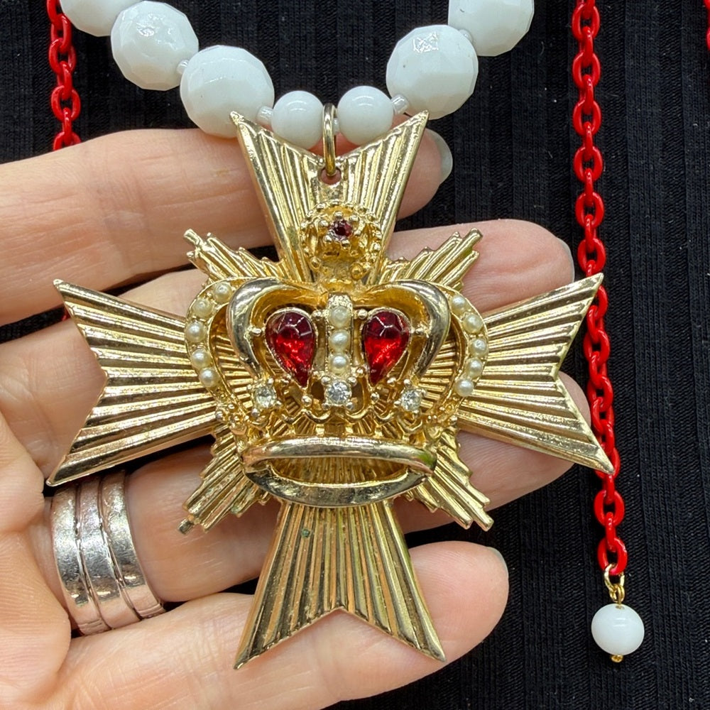 Adorned Crown Jewelry assemblage Maltese cross crown red rhinestone necklace