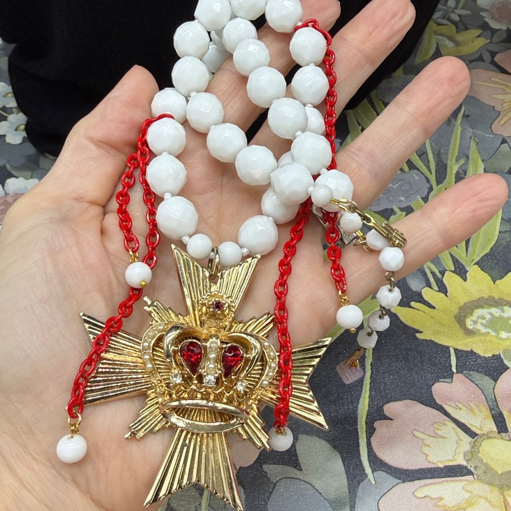 Adorned Crown Jewelry assemblage Maltese cross crown red rhinestone necklace