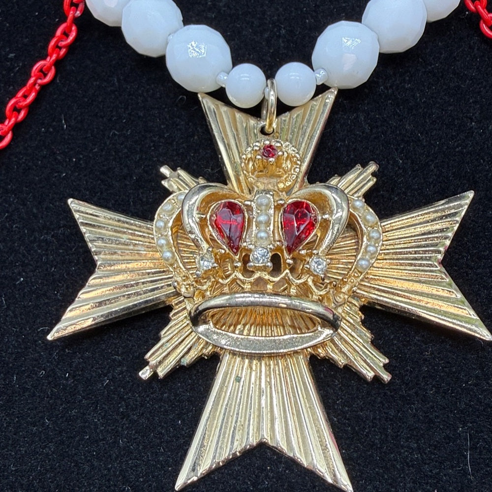 Adorned Crown Jewelry assemblage Maltese cross crown red rhinestone necklace