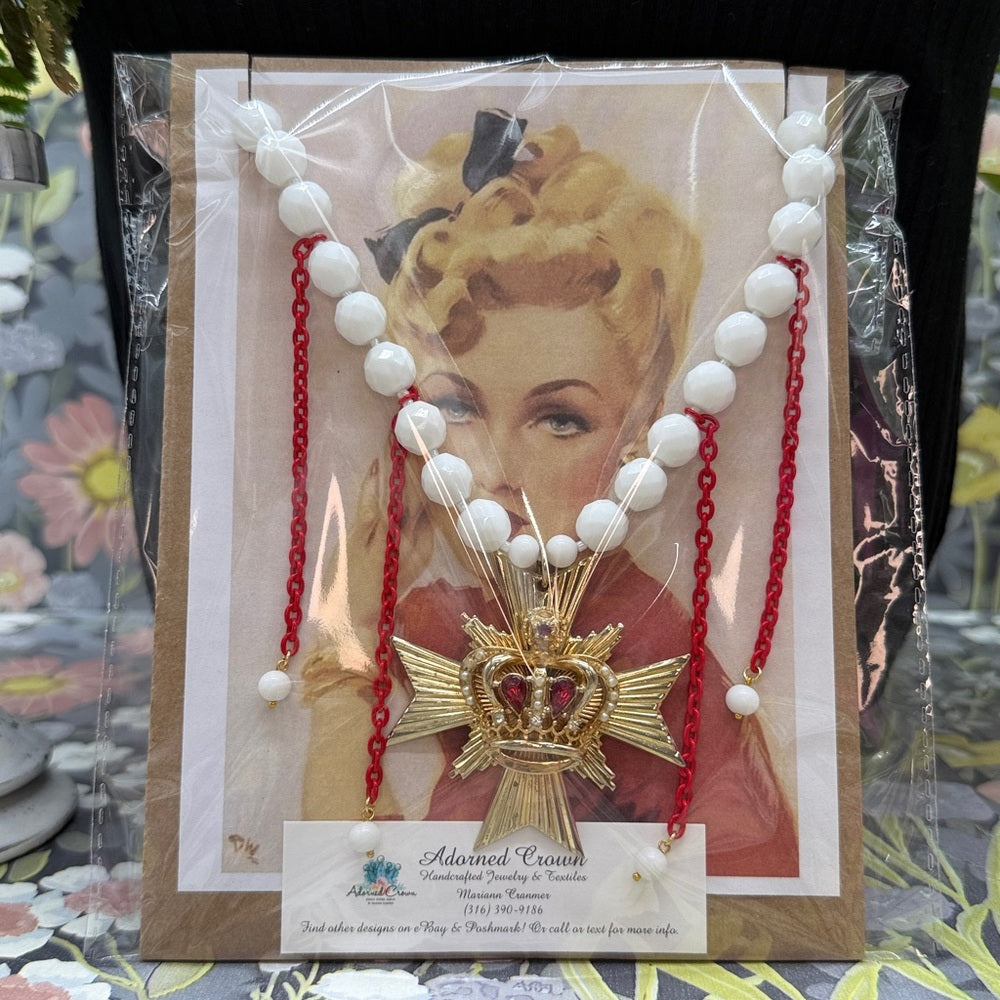 Adorned Crown Jewelry assemblage Maltese cross crown red rhinestone necklace