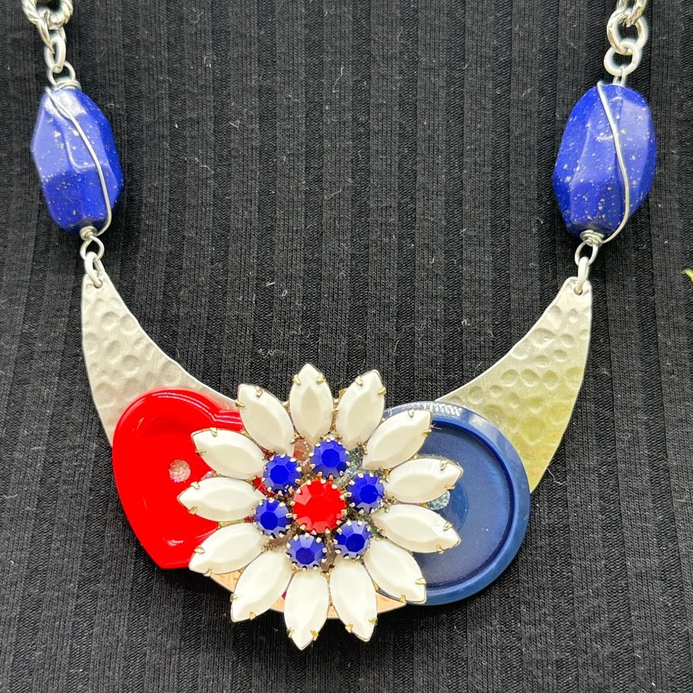Adorned Crown Jewelry assemblage red white blue flower button bib necklace
