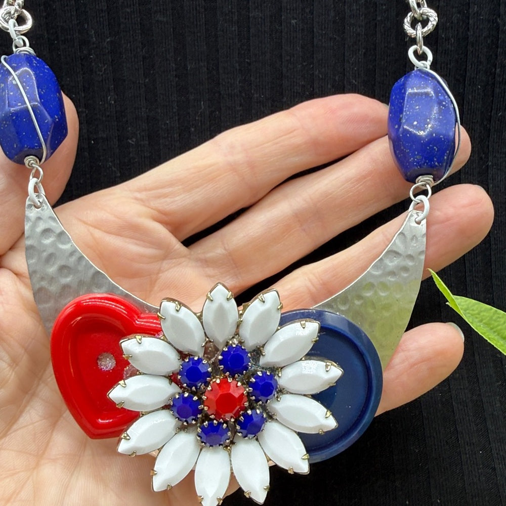 Adorned Crown Jewelry assemblage red white blue flower button bib necklace