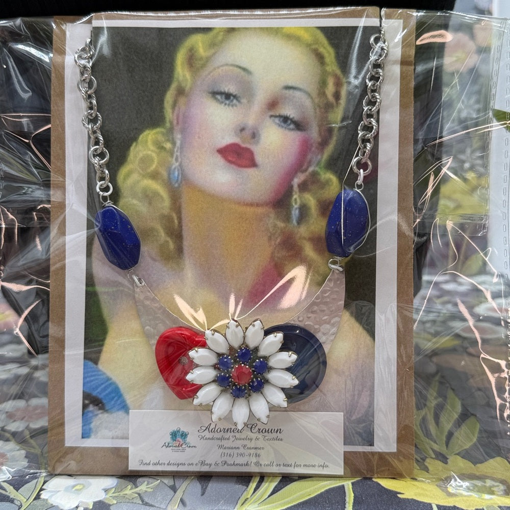 Adorned Crown Jewelry assemblage red white blue flower button bib necklace