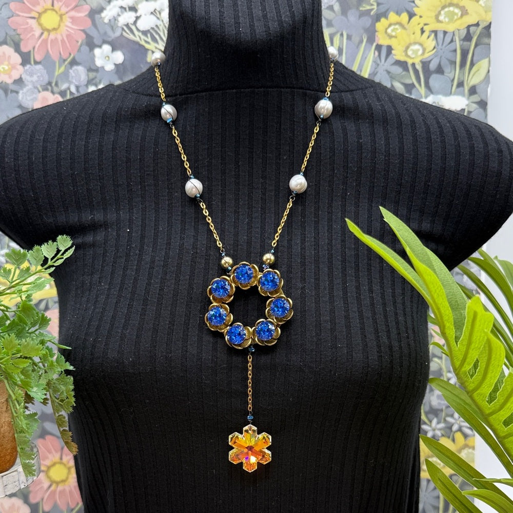 Adorned Crown Jewelry assemblage blue ring fire & ice crystal pearl necklace