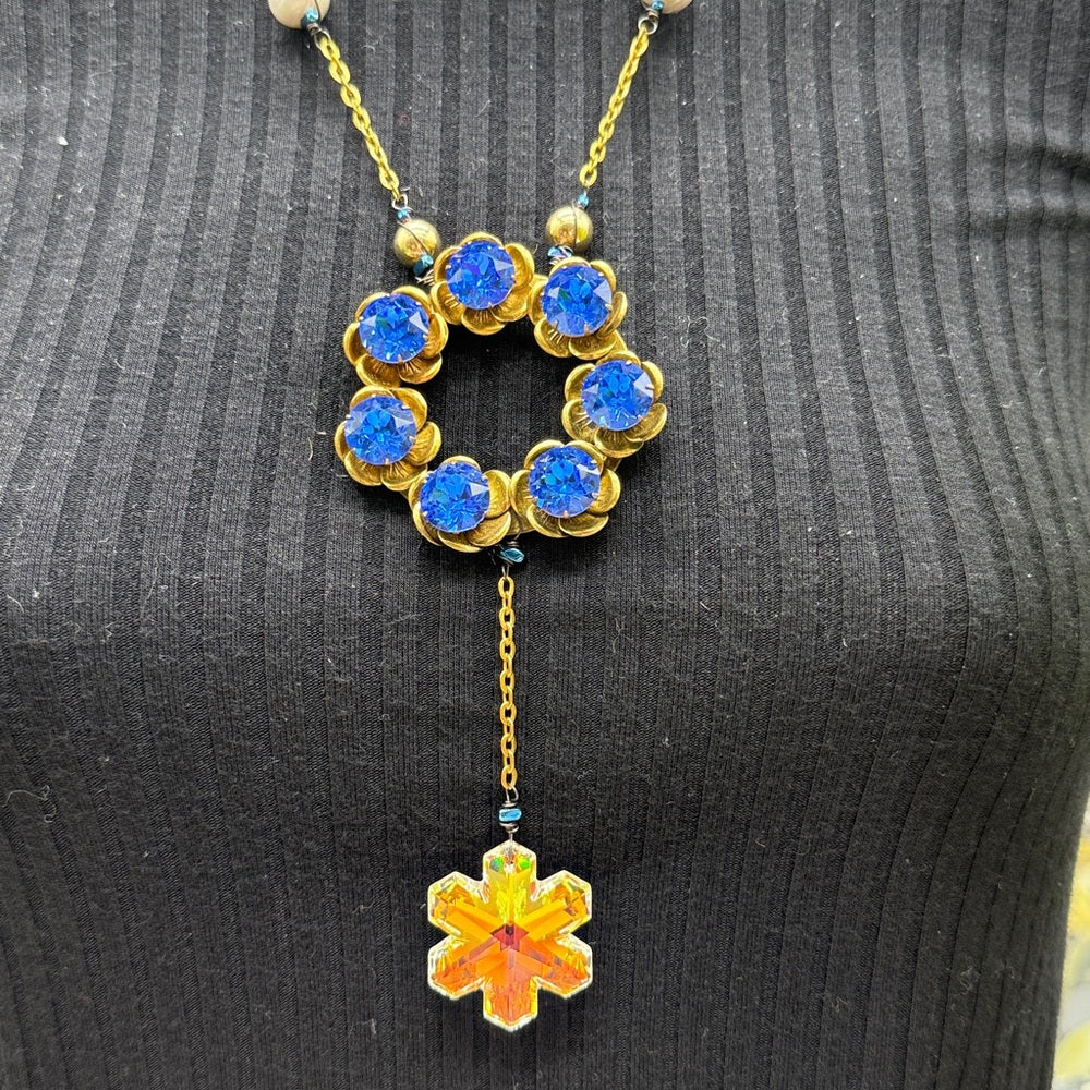 Adorned Crown Jewelry assemblage blue ring fire & ice crystal pearl necklace