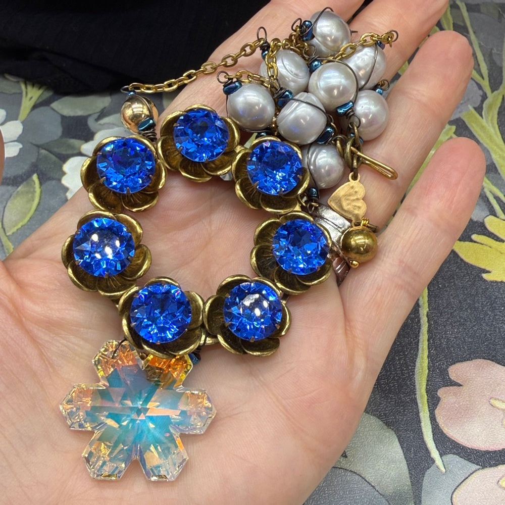 Adorned Crown Jewelry assemblage blue ring fire & ice crystal pearl necklace