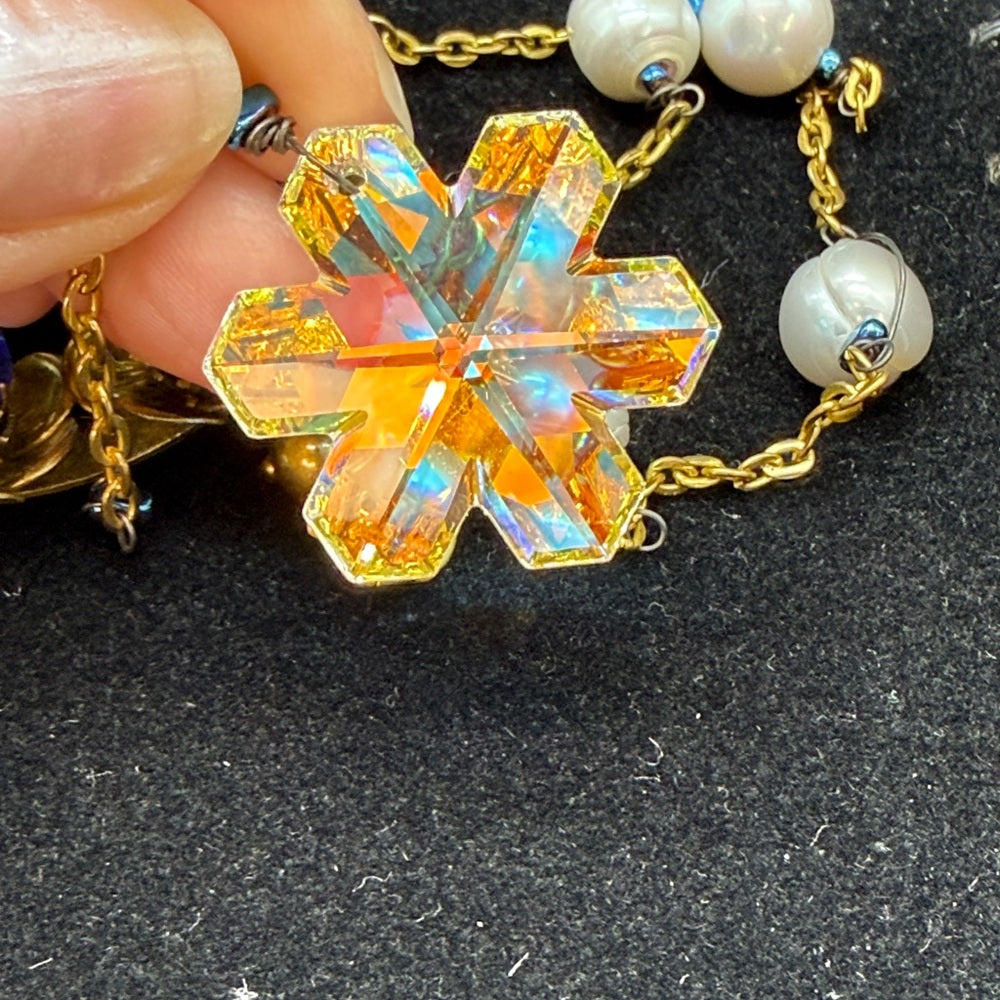 Adorned Crown Jewelry assemblage blue ring fire & ice crystal pearl necklace