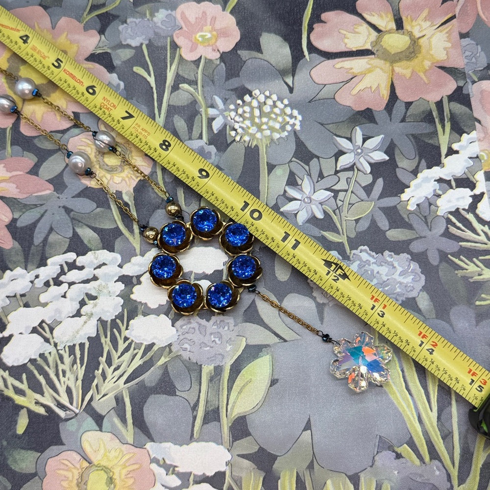 Adorned Crown Jewelry assemblage blue ring fire & ice crystal pearl necklace
