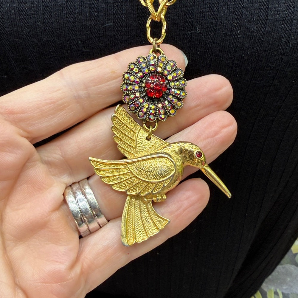 Adorned Crown Jewelry assemblage hummingbird red rhinestone necklace