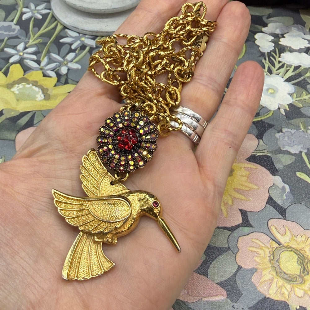 Adorned Crown Jewelry assemblage hummingbird red rhinestone necklace