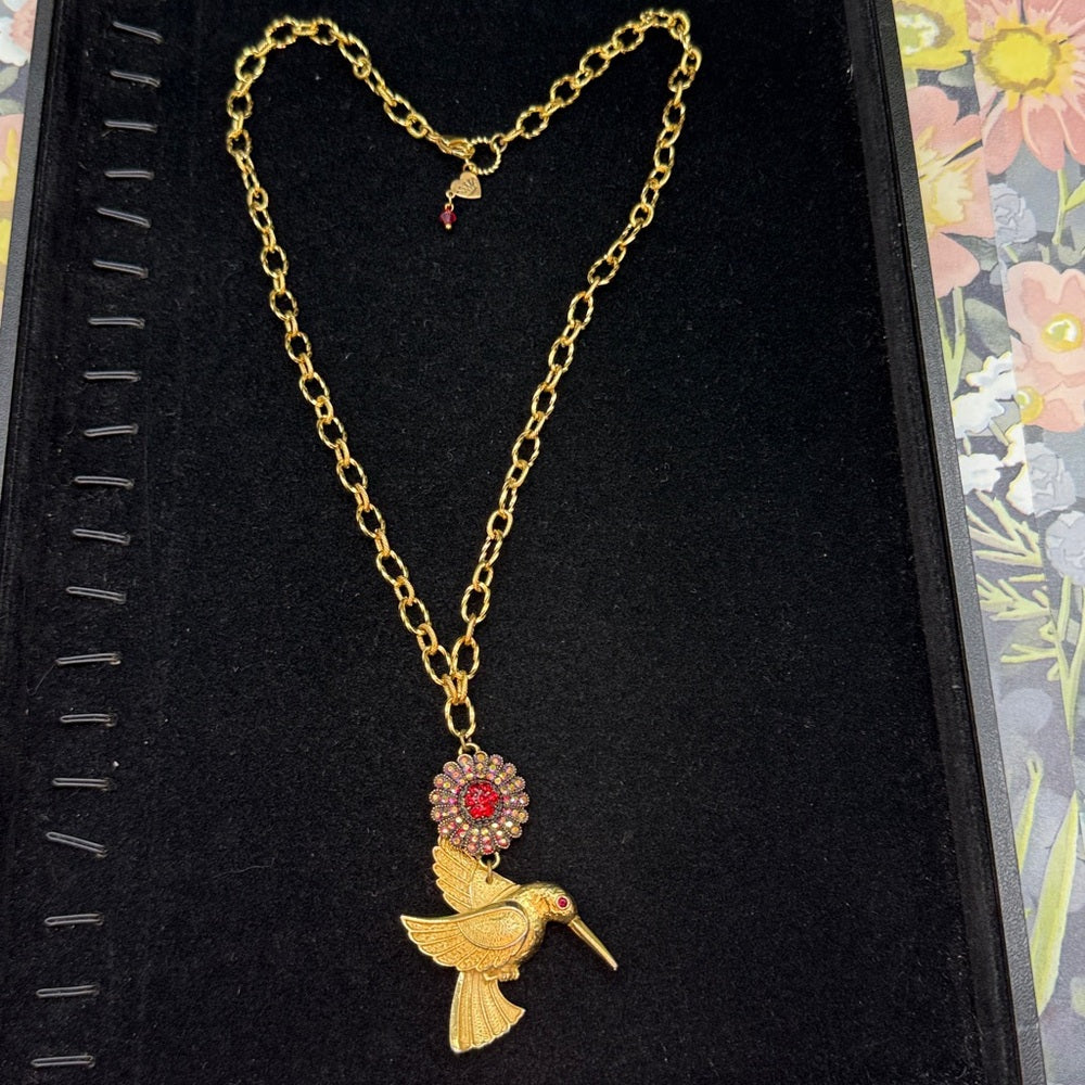Adorned Crown Jewelry assemblage hummingbird red rhinestone necklace
