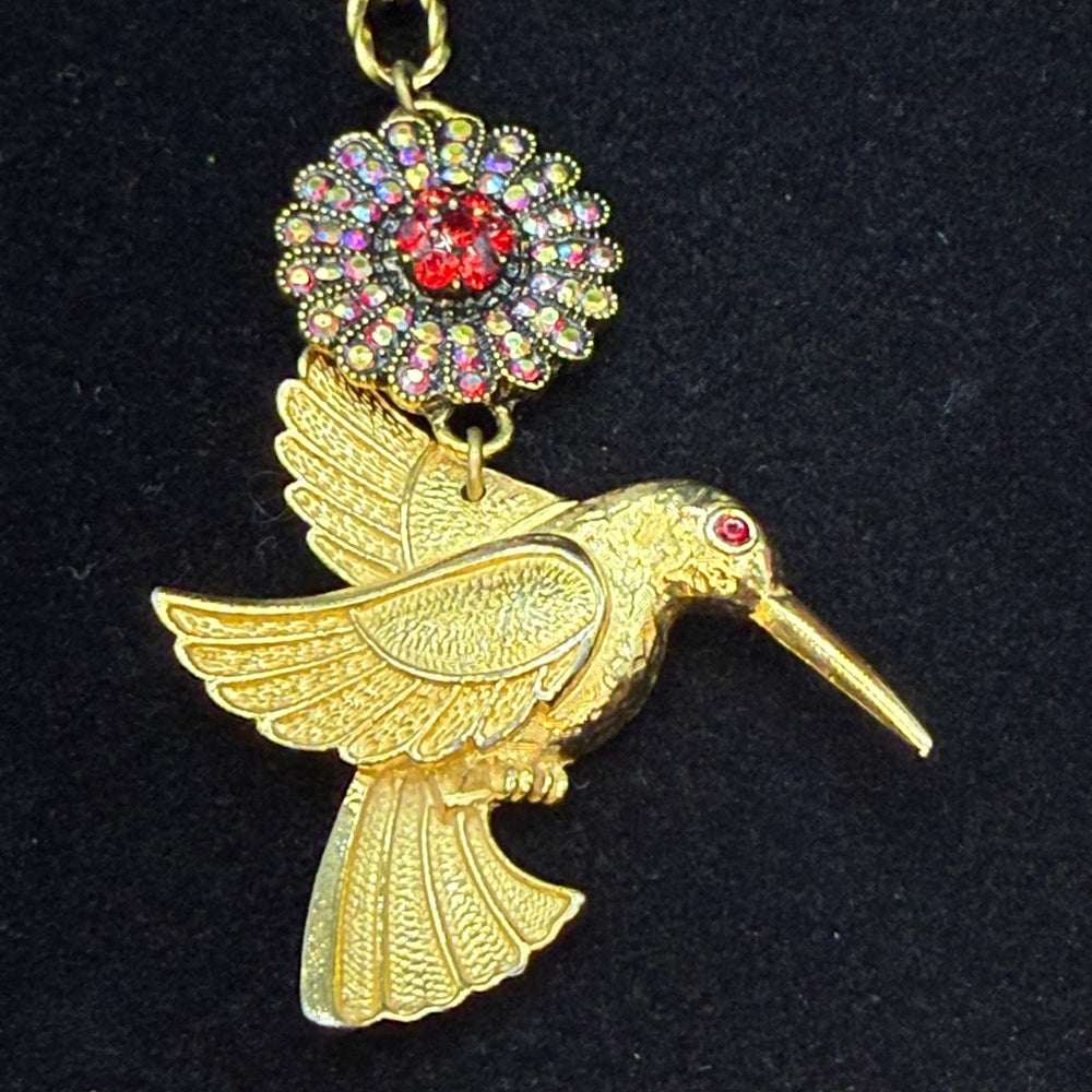 Adorned Crown Jewelry assemblage hummingbird red rhinestone necklace
