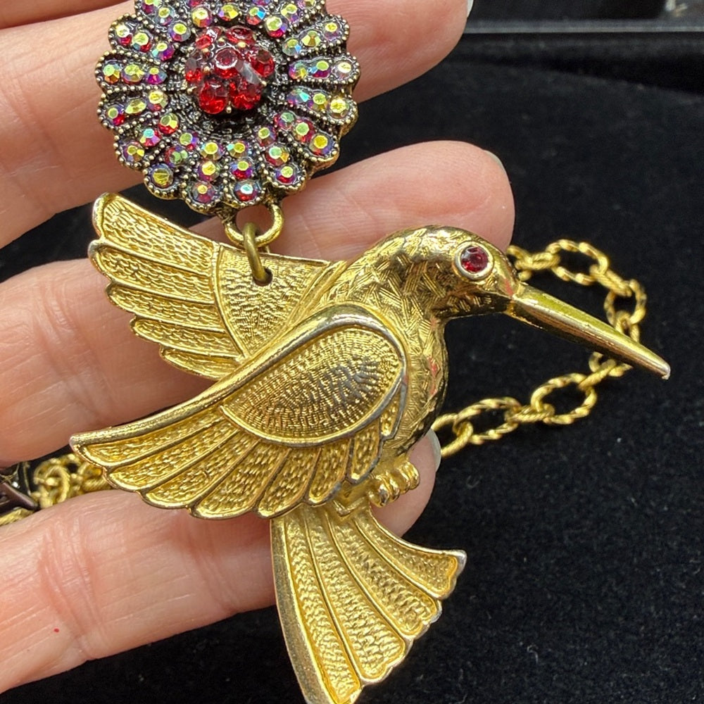 Adorned Crown Jewelry assemblage hummingbird red rhinestone necklace