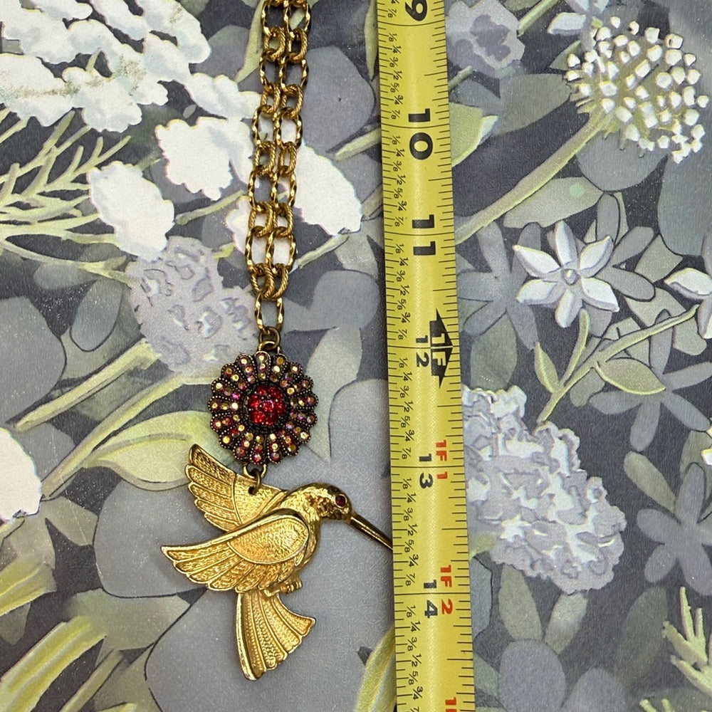 Adorned Crown Jewelry assemblage hummingbird red rhinestone necklace